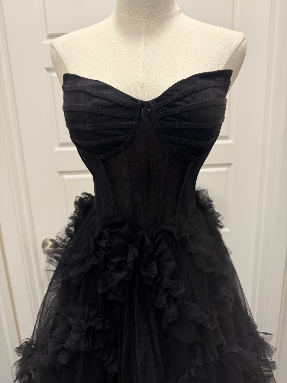 Strapless Black Tulle Ruffle Evening Gown - Picture 9 of 9
